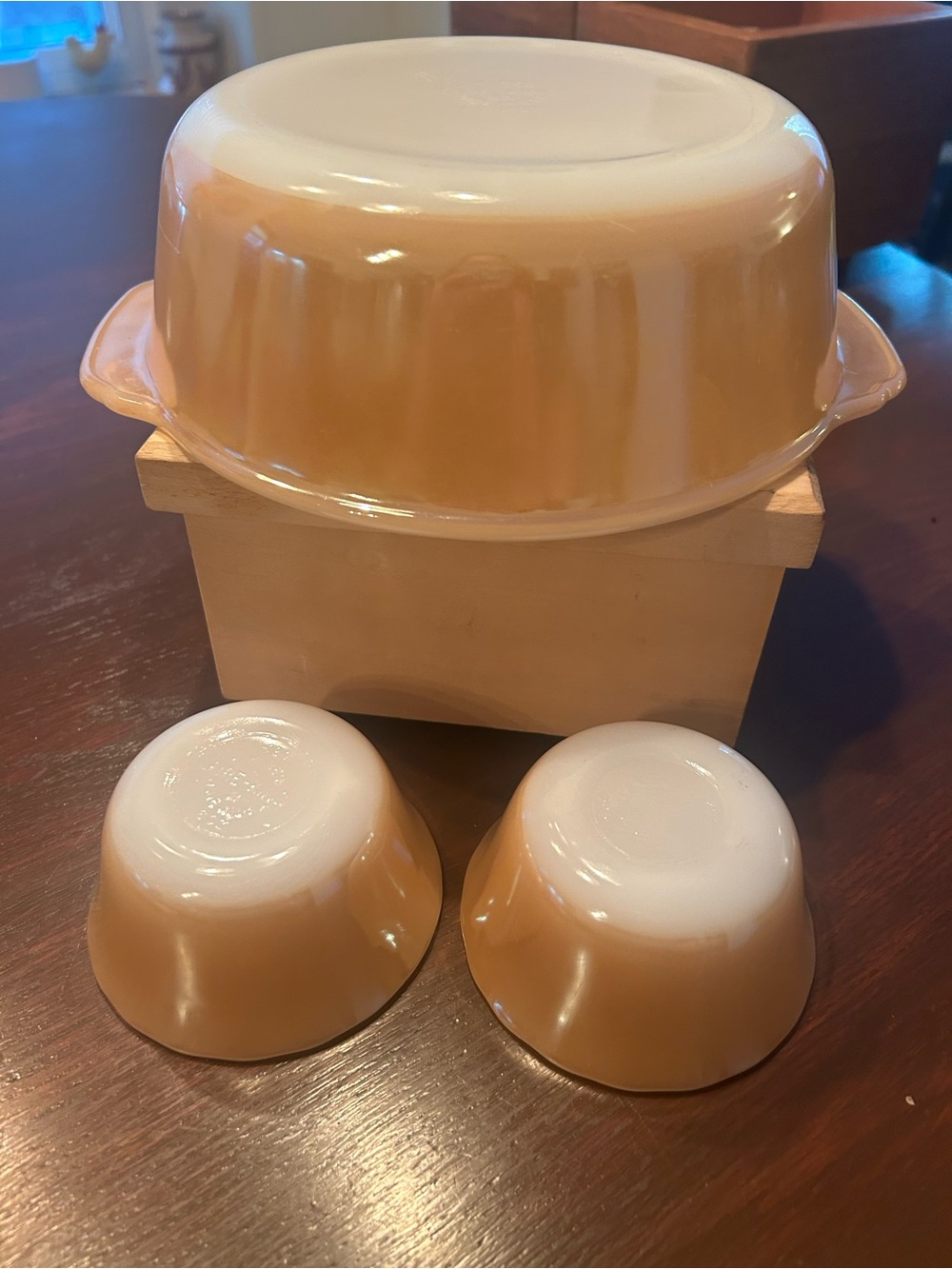 Fire king peach luster casserole dish and 2 custard cups - Picture 3 of 3